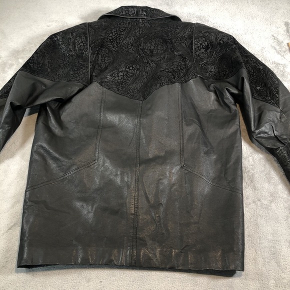 Outbrook Leather Coat Womens Large Black Long Baroque Suede Detail 80s Vintage - Picture 15 of 16